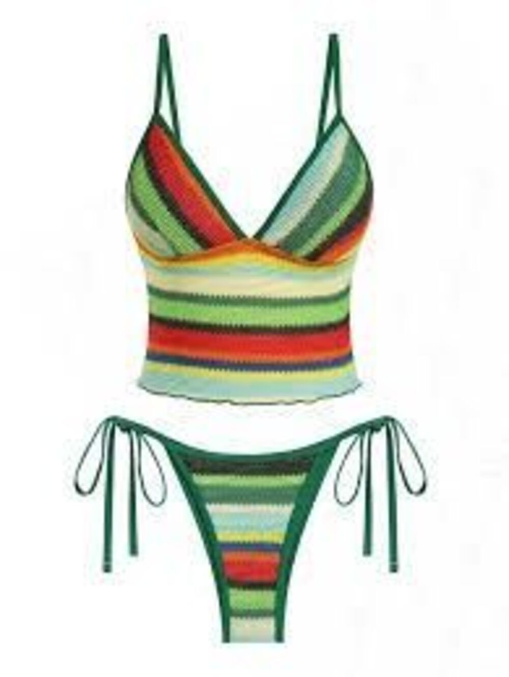 Fashion Nova Samira Texture Stripe Tankini Swimsuit Green Red Bohemian Hippie L